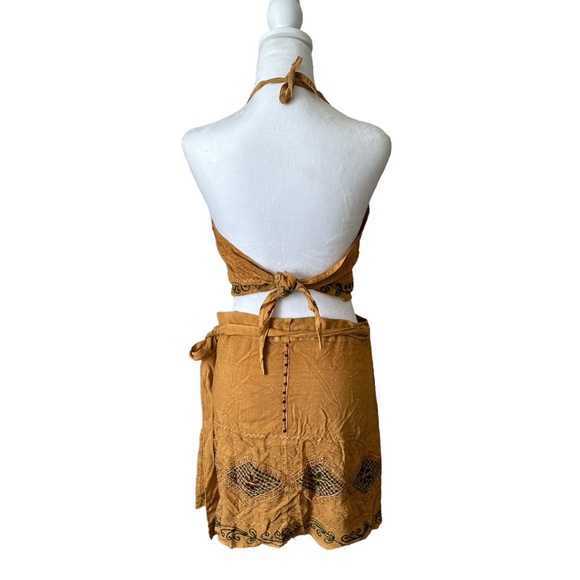Embroidered Crop Top Wrap Skirt Set Mustard Boho Summer - Picture 2 of 7